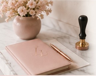 A notary journal, pen, and stamp arranged on a desk