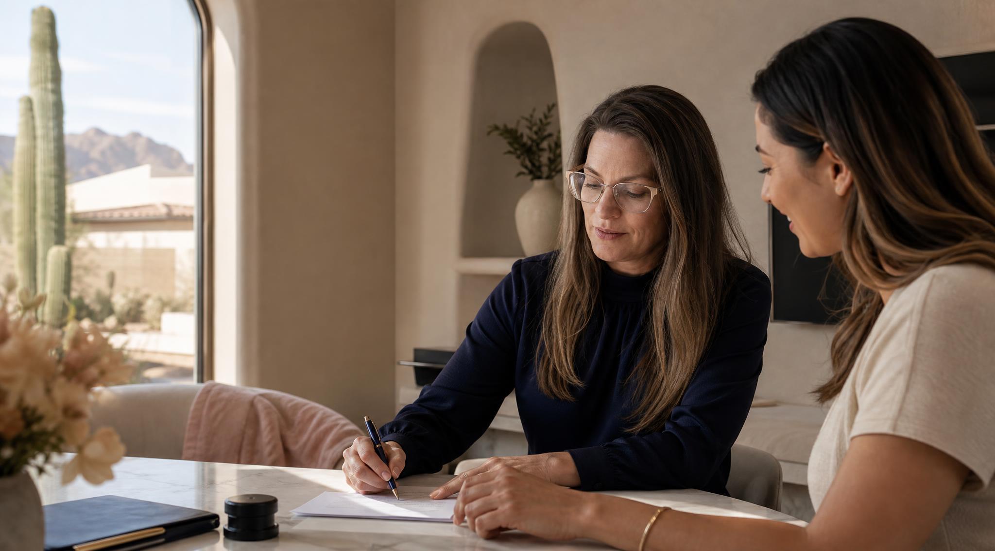 A notary preparing paperwork at a desk